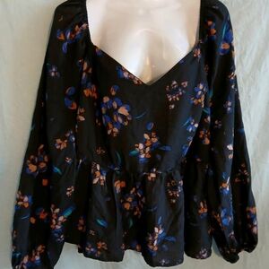Ava & Viv black floral peasant blouse 2X